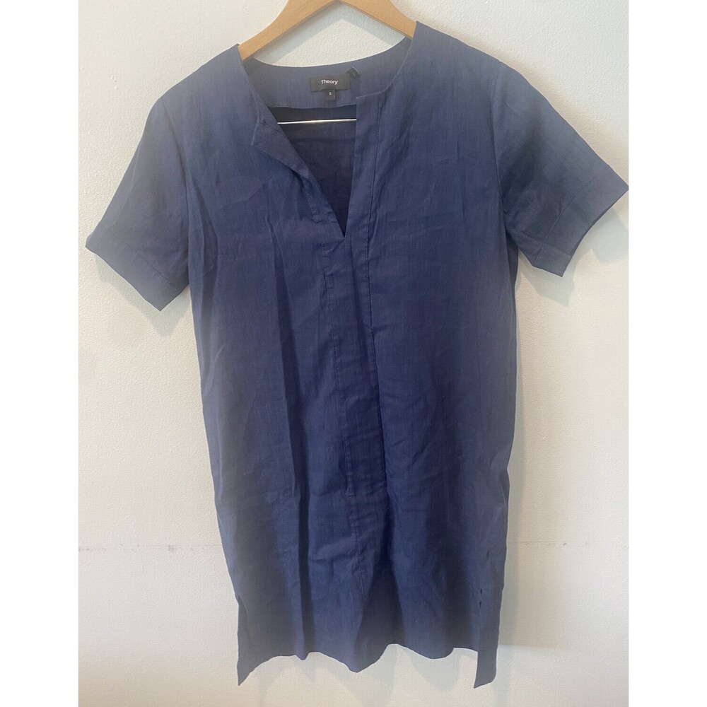THEORY FRONT SLIT LINEN BLEND SHIFT DRESS CRUNCH Navy Size S $325